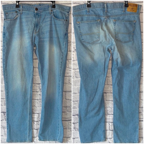 Hollister Light Acid Wash Denim Slim Straight Fit Mens 38x34 Casual Jean Pants - Picture 1 of 14